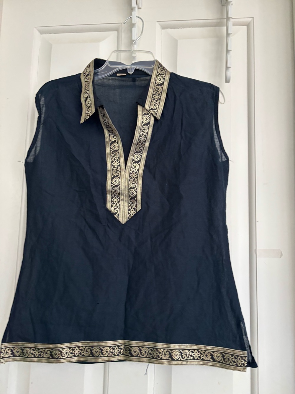 Sleeveless black cotton silk material blouse or Top with Gold Trim Small